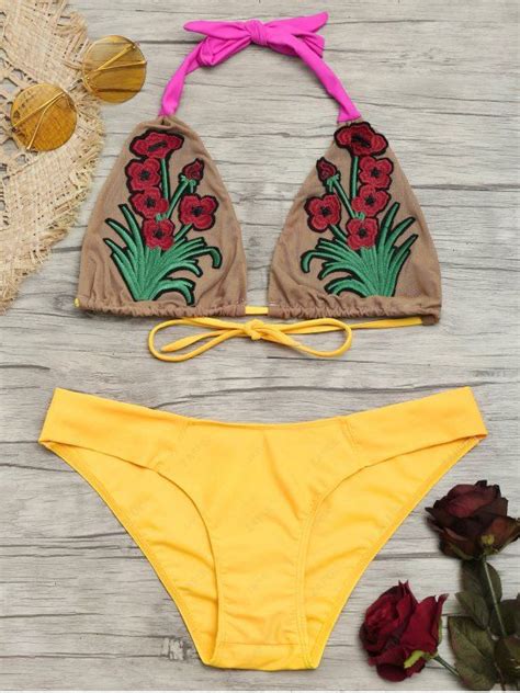 [13 Off] 2021 Bralette Floral Patch Mesh Bikini Set In Yellow Zaful