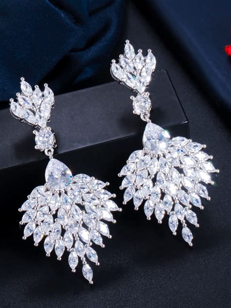 Brass Cubic Zirconia Flower Luxury Drop Earring 1000444855