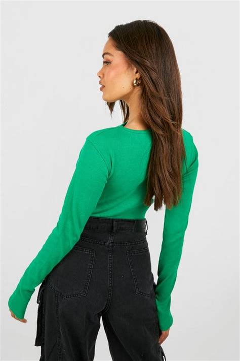 Tops Basic Rib Crew Neck Long Sleeve Bodysuit Boohoo