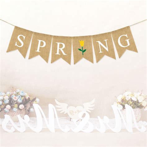 SPRING Letters Bunting Banner Decorative Flower Pattern Linen Burlap