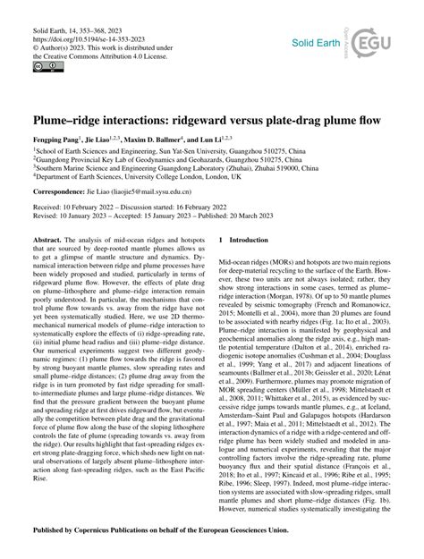 Pdf Plumeridge Interactions Ridgeward Versus Plate Drag Plume Flow