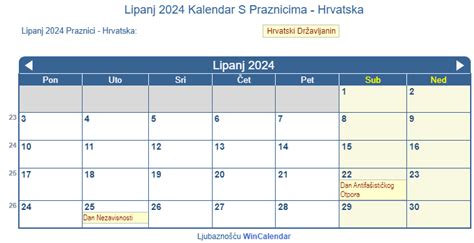 Lipanj 2024 Hrvatski Kalendar Za Tisak