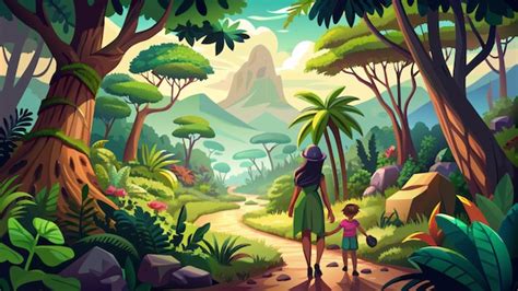 Premium Vector | A painting of a jungle with a mountain in the background