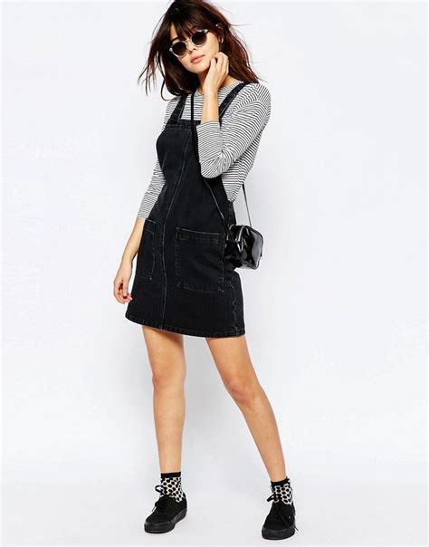 Asos Tall Denim Mini Pinafore In Washed Black At Latest