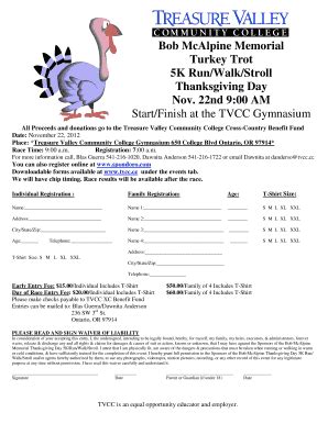 Fillable Online The Turkey Trot Registration Form Treasure