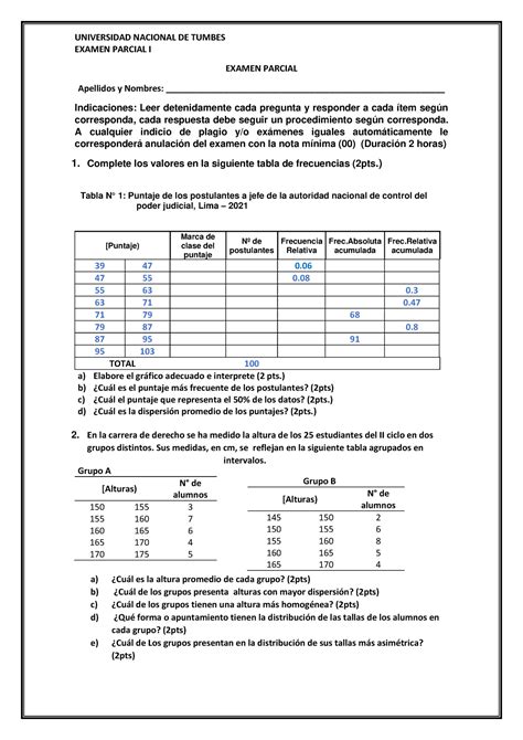 Examen Parcial I Universidad Nacional De Tumbes Examen Parcial I