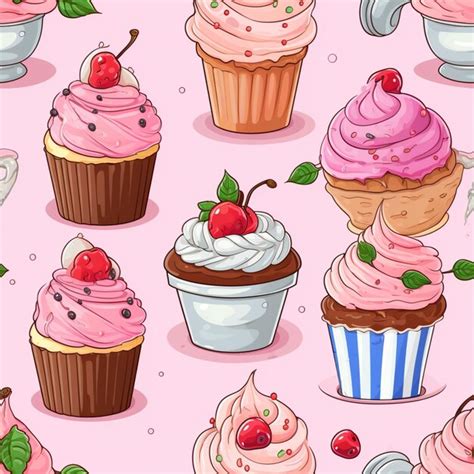 Seamless Pattern Of Cupcakes With Pink Frosting And Cherries Generative