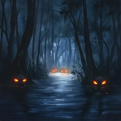 An Eerie Swamp Shrouded In Mist With Glowing Eyes Peering Through The