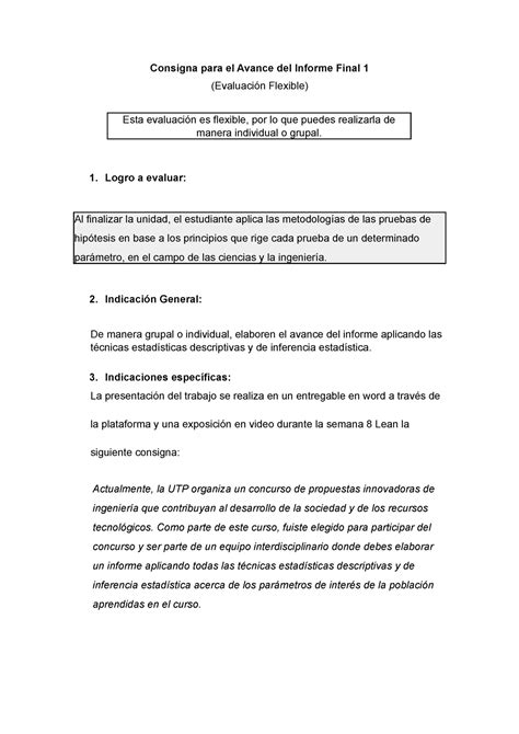 Consigna Para El Avance Del Informe Final Logro A Evaluar Al