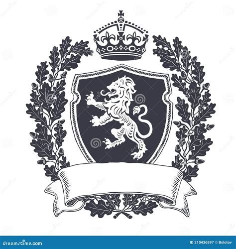 Black And White Coat Of Arms With Heraldry Lion Emblem Shield With Crown And Oak Wreath Ribbon