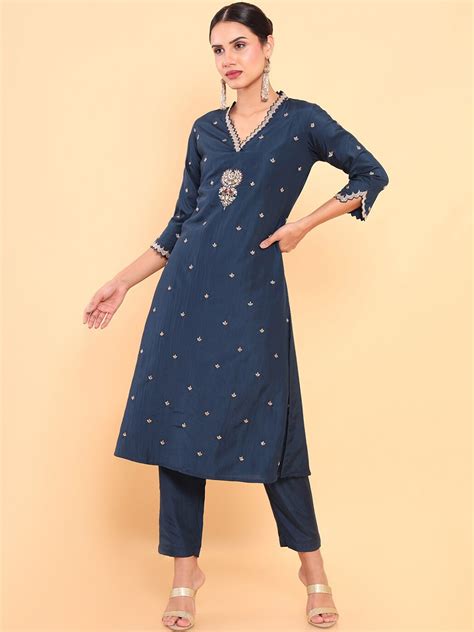 Buy Soch Women Navy Blue Floral Embroidered Thread Work Pure Silk Kurta