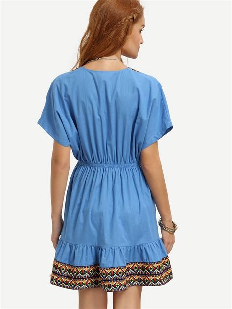 Blue V Neck Short Sleeve Tie Waist Dress Shein Sheinside