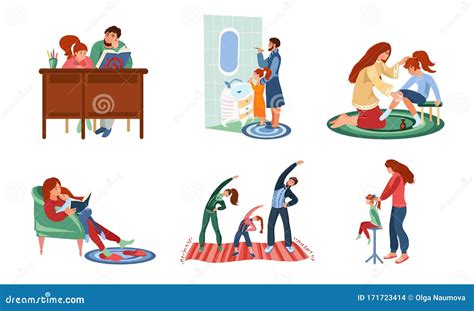 Set Of Families In Everyday Situations Vector Illustration Stock Vector Illustration Of Indoor