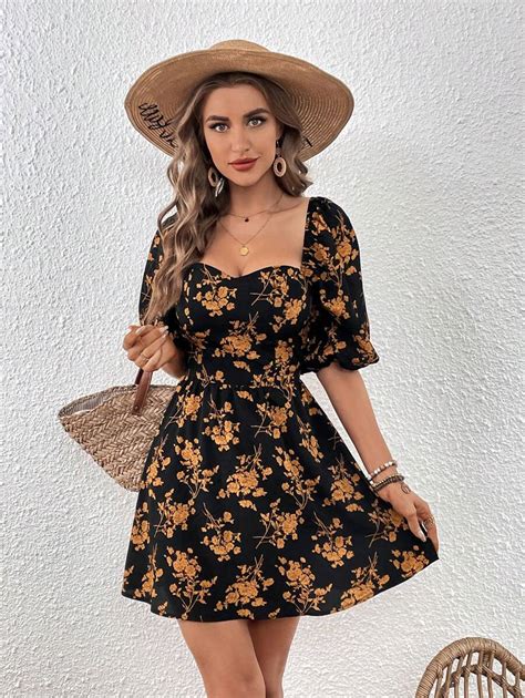 Shein Vcay Floral Print Sweetheart Neck Puff Sleeve Summer Dress