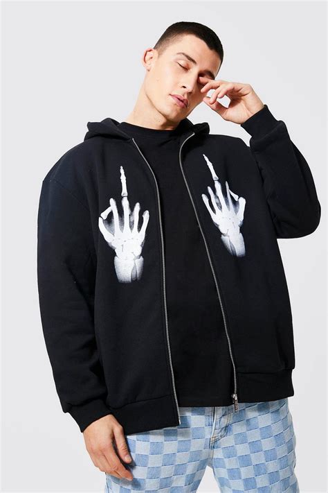 Oversized Skeleton Graphic Zip Through Hoodie Boohoo