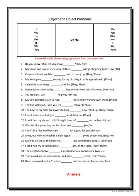 Subject Object Pronouns General Gra English Esl Worksheets Pdf And Doc