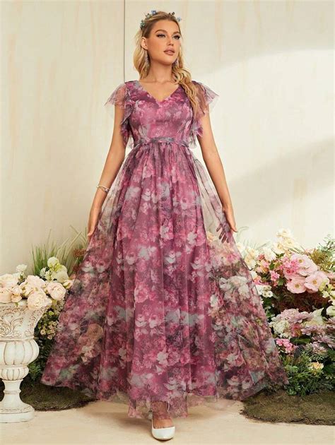 Mother Of The Bride Dress With V Neckline Floral Pattern And Sheer Net Fabric Shein Uk