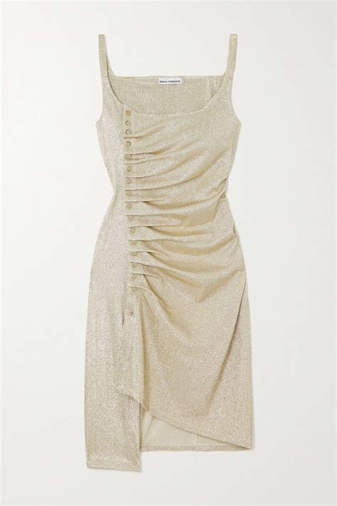 Silver Button Embellished Gathered Metallic Stretch Jersey Mini Dress