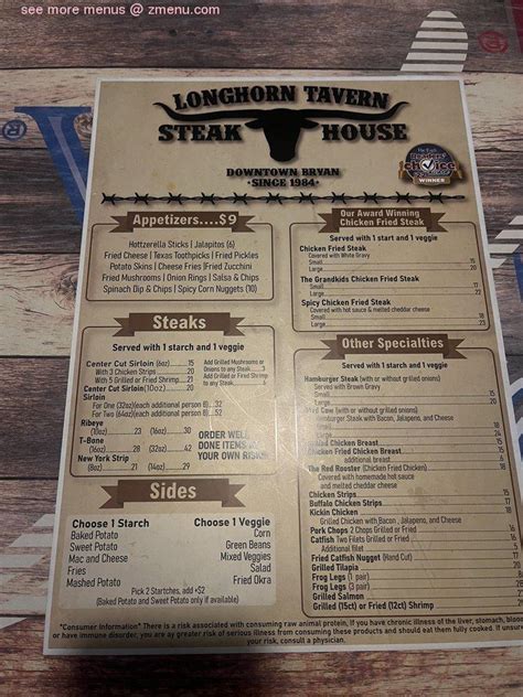 Menu At Longhorn Tavern Steak House Steakhouse Bryan E Highway 21