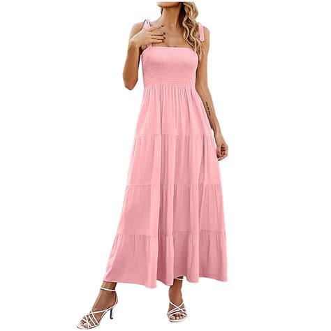 Jalioing Casual Sundress For Women Lace Up Strap Warp Ruffle Dresses Beach Summer Vacation Maxi