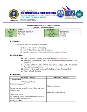 1st QW6 Sample Lesson Plan Republic Of The Philippines JOSE RIZAL