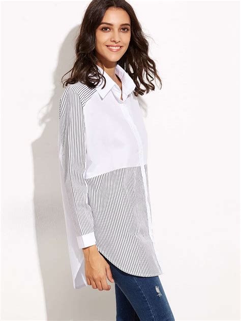 Contrast Striped Curved Hem Shirt Shein Sheinside