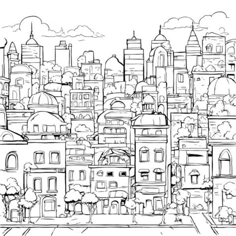 Descarga Dibujo De Paisaje Urbano En Blanco Y Negro Para Colorear Y