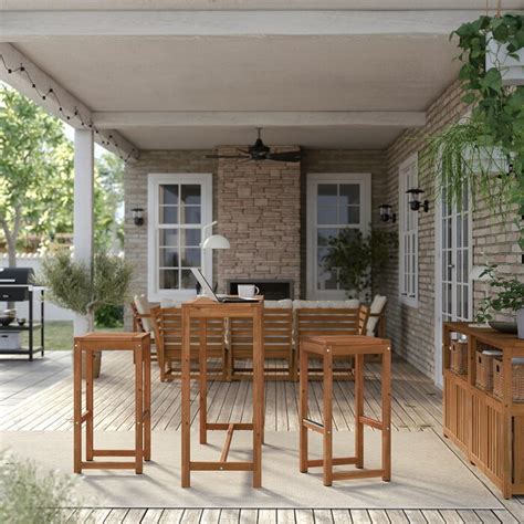 NÄmmarÖ Bar Table And 2 Bar Stools Outdoor Light Brown Stained