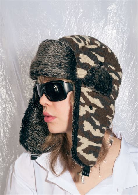 Vintage Trapper Hat Y2k Camo Ushanka In Green Pop Sick Vintage