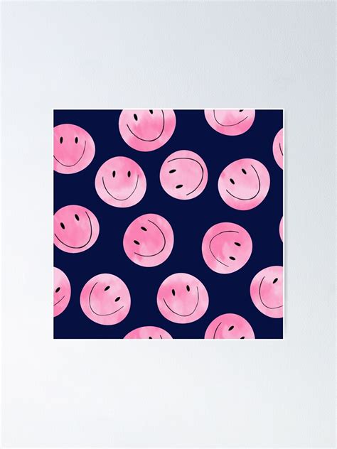 Happy Pink Smiley Faces Seamless Pattern Indigo Background Poster