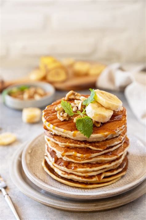 Celebrating Pancake Day American Homemade Breakfast Banana Gluten Free Pancakes With Nuts And