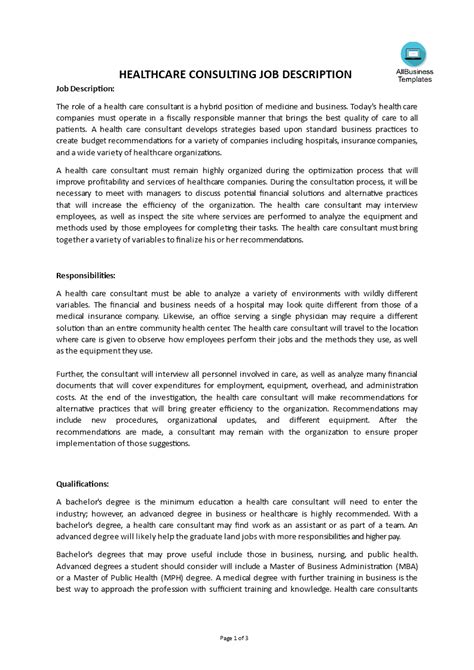 Healthcare Consulting Job Description Templates At