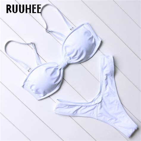 Ruuhee New Arrival Solid Bikini Set Push Up Swimsuit Thong Bottom