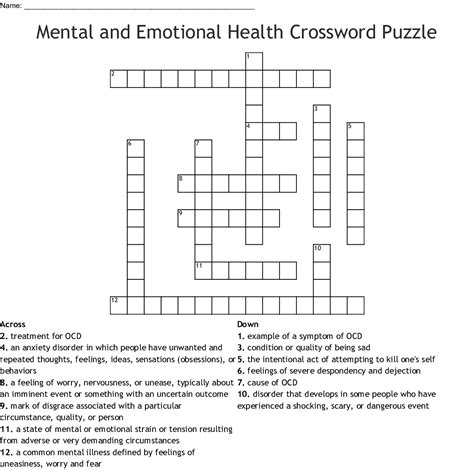 Mental Health Crossword Puzzle Answer Key Mental Health Cros