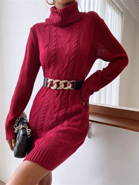 Cable Knit Turtleneck Sweater Dress Without Belt