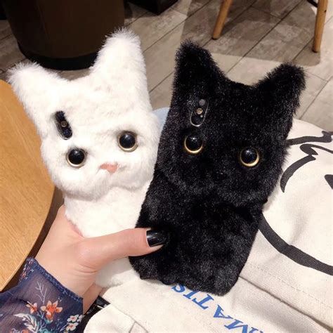 Kuutti Squishy Kawaii Black White Girls Fluffy Furry Plush Fur Cat Phone Cases For Iphone 6 6s 7