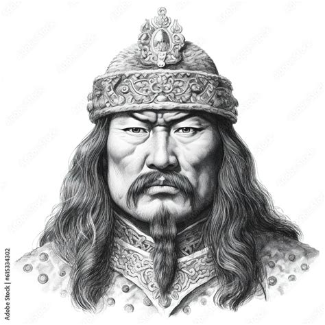 Black And White Vintage Engraving Headshot Portrait Of Genghis Khan