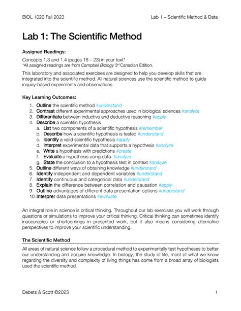 Biol Lab Handout Lab The Scientific Method Assigned