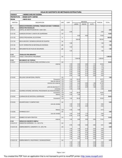 Hoja De Sustento De Metrados De Estructura Nay L Udocz