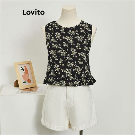 Lovito Women Boho Ditsy Floral Frill Pattern Button Tank Top L80ED014