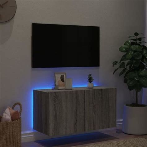 Drfeify Meuble Tv Mural Avec Lumi Res Led Sonoma Gris X X Cm