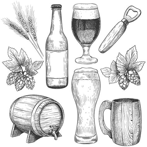 Premium Vector Hand Drawn Beer Sketch Beer Glasses Mugs And Barrel Bottle Hops Malt And