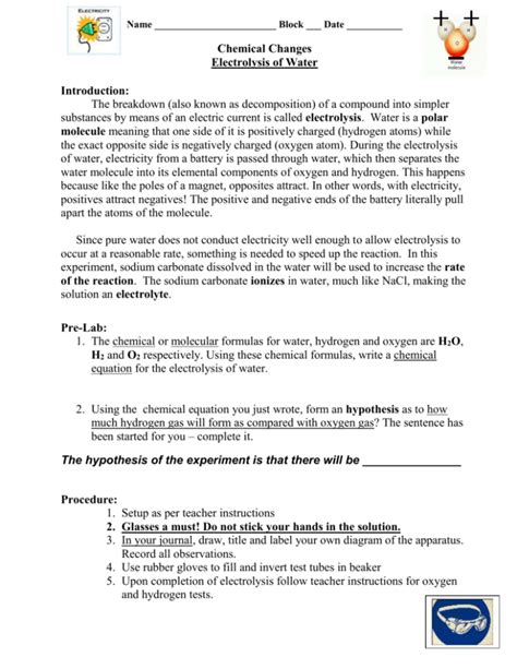 Electrolysis of Water Lab Worksheet