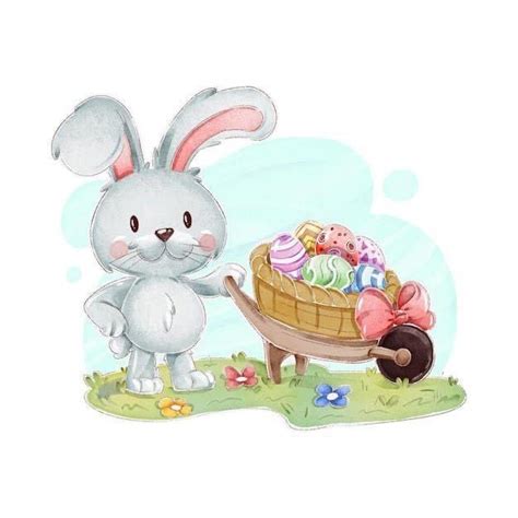 An Easter Bunny Pushing A Wheelbarrow Filled With Eggs