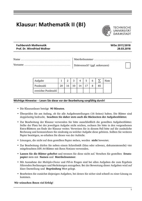 Mathe 2BI Wi Se17 Lösungen Klausur Mathematik II BI Fachbereich
