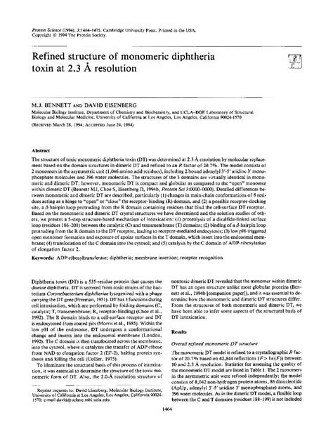 Pdf Refined Structure Of Monomeric Diphtheria Toxin At A Refined