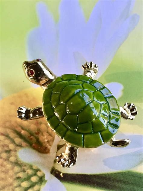 Vintage Green Enamel Turtle Brooch Red Rhinestone Eyes Figural Turtle