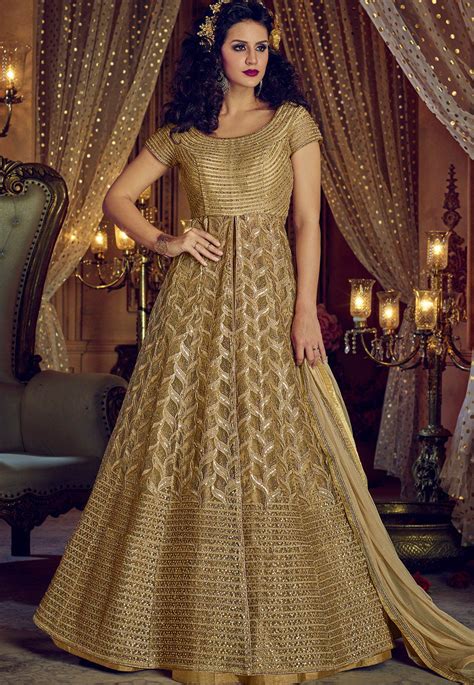 Buy Chiku Color Net And Banglori Silk Party Wear Lehenga Kameez In Uk