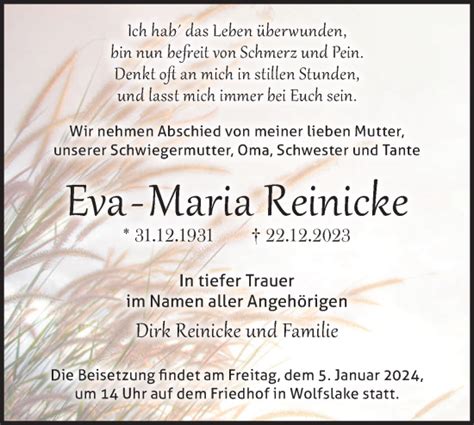 Traueranzeigen von Eva Maria Reinicke Märkische Onlinezeitung