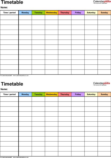 Editable Timetable Template